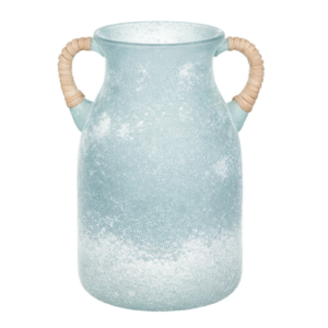 9.65inch Frosted Light Blue Glass Vase with Rattan Handles