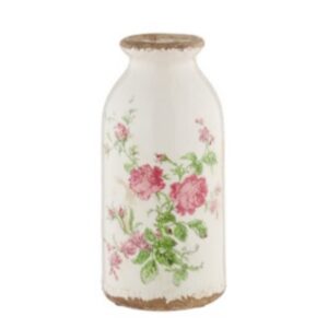 Distressed Cream Ceramic Vase with Pink Rose Print