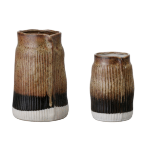Gradient Brown-White Ribbed Ceramic Vase