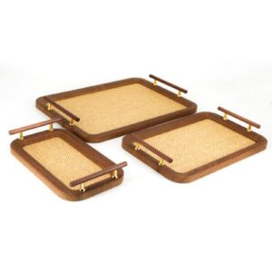 Set of 3 Dark Walnut Rectangular Serving Tray with Rattan Inlay & Wood Bar Handles