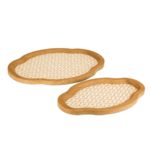 Set of 2 Light Oak Cloud Wavy Oval Decor Tray with Grid Linen Base