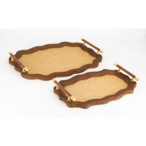 Set of 2 Dark Walnut Wavy Rectangular Serving Tray with Rattan Inlay & Wood Gold Accent Handles