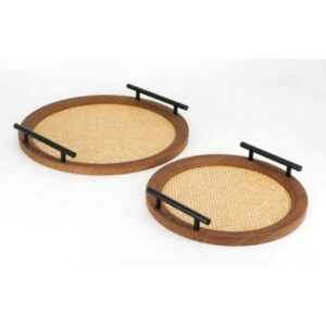 Set of 2 Dark Walnut Round Decor Tray with Woven Rattan Inlay & Black Iron Handles