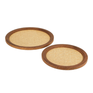 Set of 2 Walnut Round Decor Tray with Woven Rattan Base