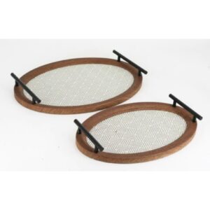Set of 2 Dark Walnut Oval Serving Tray with Grey Textured Linen & Black Bar Handles