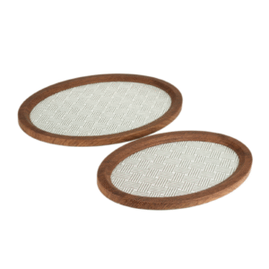 Set of 2  Walnut Oval Serving Tray with Herringbone Linen Base