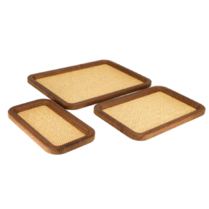 Set of 3 Dark Walnut Rounded Rectangle Serving Tray with Rattan Base