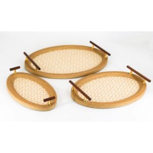 Set of 3 Light Oak Oval Decor Tray with Beige Grid Linen Inlay & Walnut Bar Handles