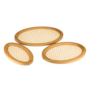 Set of 3 Light Oak Oval Decor Tray with Beige Grid Linen Base