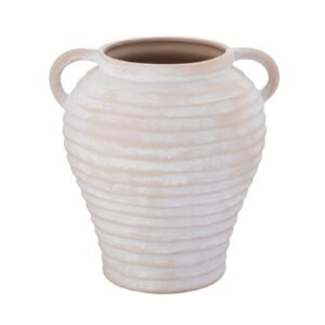 White Wash Horizontal Ribbed Double Handle Ceramic Vase
