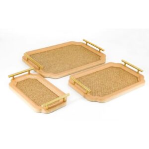 Set of 3 Light Oak Octagon Decor Tray with Herringbone Linen & Gold Bar Handles