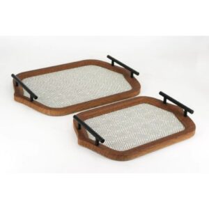 Set of 2 Light Oak Wavy Edge Oval Decor Tray with Grid Linen & Gold Bar Handles