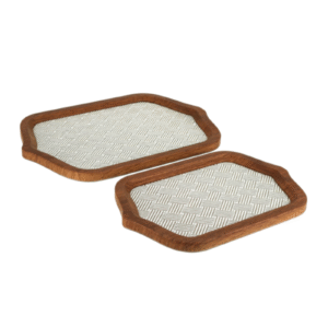 Set of 2 Dark Walnut Wavy Rectangle Tray with Grey Textured Linen Base