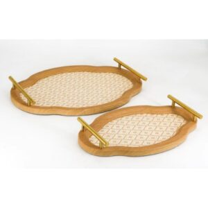 Set of 2 Light Oak Wavy Edge Oval Decor Tray with Grid Linen & Gold Bar Handles